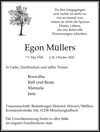 Traueranzeige von Egon Müllers von trauer.extra-tipp-moenchengladbach.de