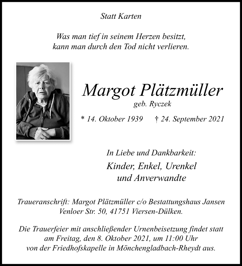  Traueranzeige für Margot Plätzmüller vom 03.10.2021 aus trauer.extra-tipp-moenchengladbach.de