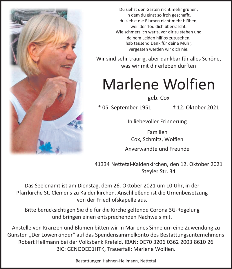  Traueranzeige für Marlene Wolfien vom 17.10.2021 aus trauer.extra-tipp-moenchengladbach.de