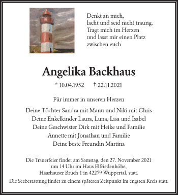 Traueranzeige von Angelika Backhaus von trauer.wuppertaler-rundschau.de