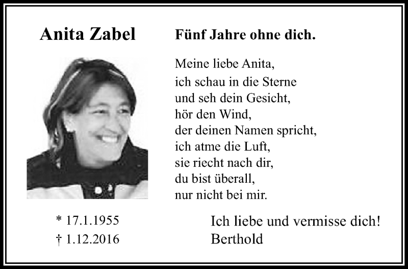  Traueranzeige für Anita Zabel vom 05.12.2021 aus trauer.extra-tipp-moenchengladbach.de