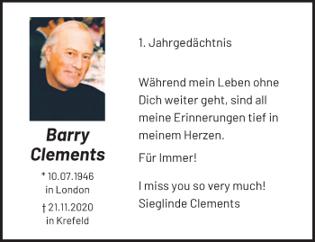 Traueranzeige von Barry Clements von trauer.mein.krefeld.de