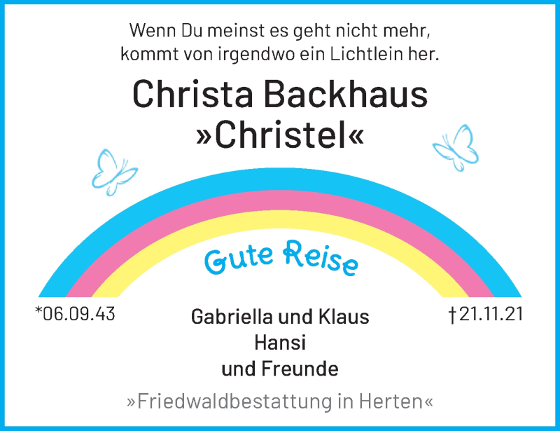  Traueranzeige für Christa Backhaus vom 28.11.2021 aus trauer.mein.krefeld.de