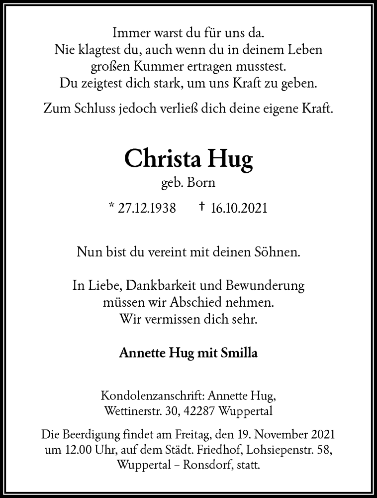  Traueranzeige für Christa Hug vom 06.11.2021 aus trauer.wuppertaler-rundschau.de