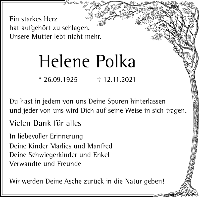 Traueranzeige für Helene Polka vom 21.11.2021 aus trauer.mein.krefeld.de
