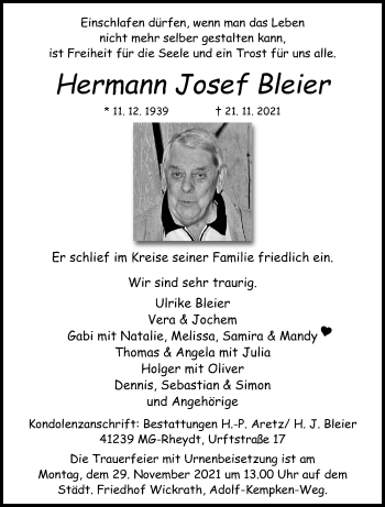 Traueranzeige von Hermann Josef Bleier von trauer.extra-tipp-moenchengladbach.de