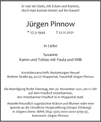 Traueranzeige von Jürgen Pinnow von trauer.wuppertaler-rundschau.de