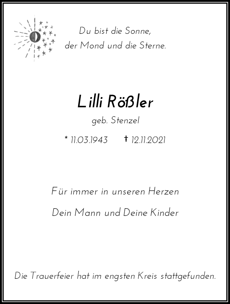  Traueranzeige für Lilli Rößler vom 20.11.2021 aus trauer.wuppertaler-rundschau.de