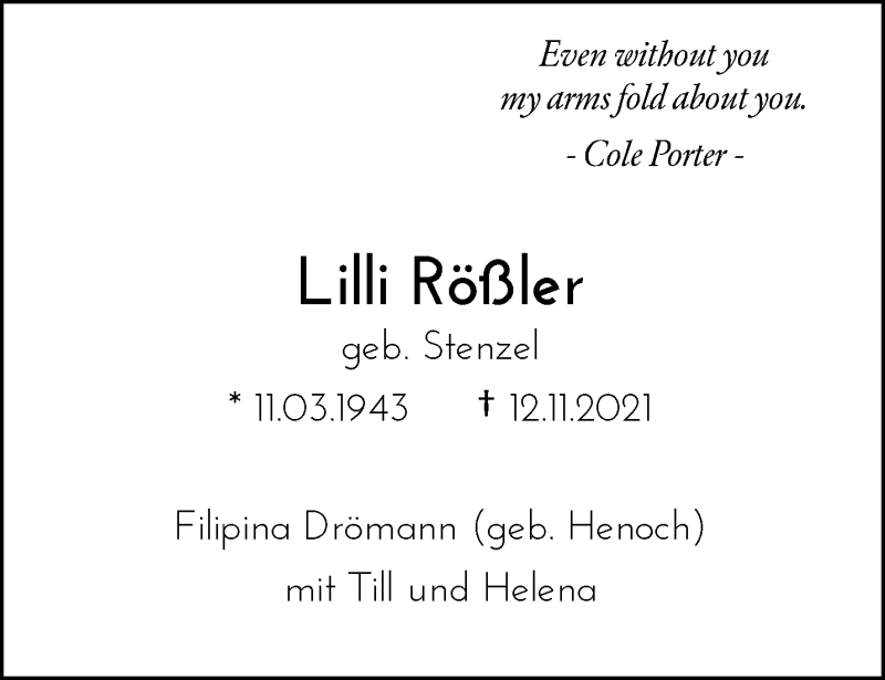  Traueranzeige für Lilli Rößler vom 20.11.2021 aus trauer.wuppertaler-rundschau.de