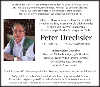 Traueranzeige von Peter Drechsler von trauer.extra-tipp-moenchengladbach.de