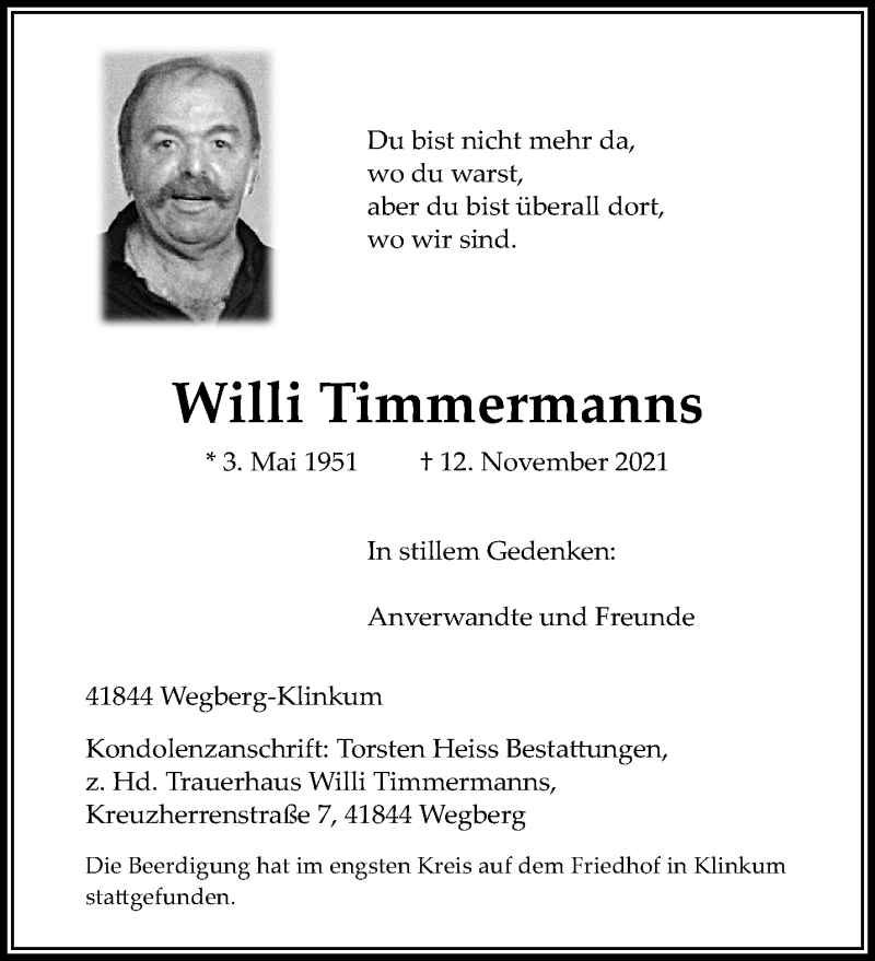  Traueranzeige für Willi Timmermanns vom 21.11.2021 aus trauer.extra-tipp-moenchengladbach.de