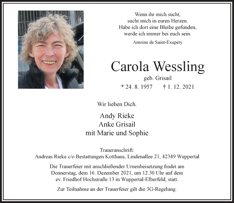  Traueranzeige für Carola Wessling vom 11.12.2021 aus trauer.wuppertaler-rundschau.de