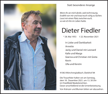 Traueranzeige von Dieter Fiedler von trauer.extra-tipp-moenchengladbach.de