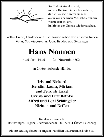 Traueranzeige von Hans Nonnen von trauer.extra-tipp-moenchengladbach.de