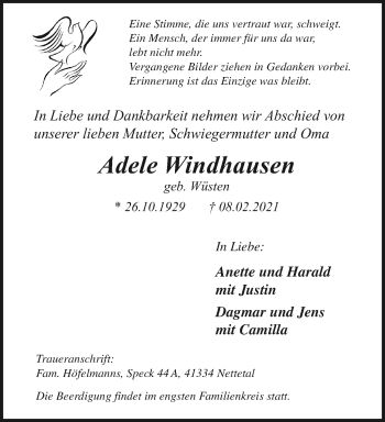 Traueranzeige von Adele Windhausen von trauer.extra-tipp-moenchengladbach.de