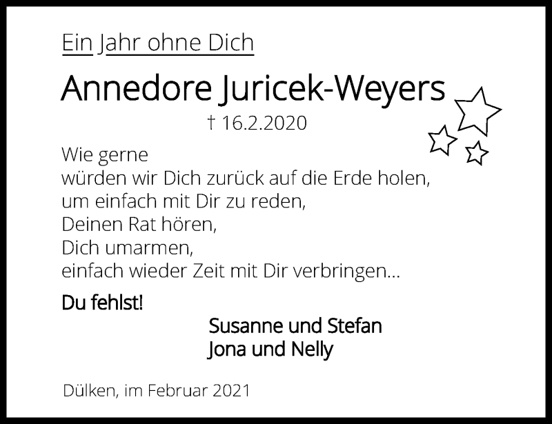  Traueranzeige für Annedore Juricek-Weyers vom 14.02.2021 aus trauer.extra-tipp-moenchengladbach.de