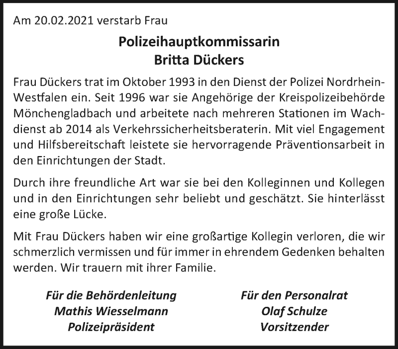  Traueranzeige für Britta Dückers vom 28.02.2021 aus trauer.extra-tipp-moenchengladbach.de
