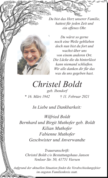 Traueranzeige von Christel Boldt von trauer.extra-tipp-moenchengladbach.de
