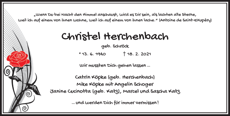  Traueranzeige für Christel Herchenbach vom 27.02.2021 aus trauer.wuppertaler-rundschau.de