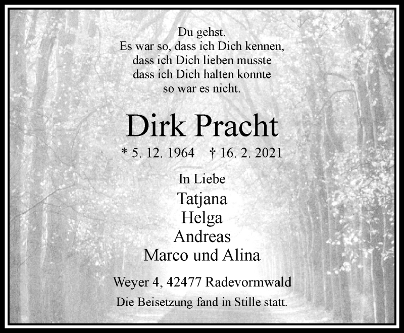  Traueranzeige für Dirk Pracht vom 13.03.2021 aus trauer.wuppertaler-rundschau.de