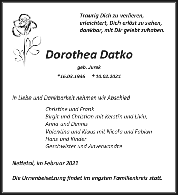 Traueranzeige von Dorothea Datko von trauer.extra-tipp-moenchengladbach.de
