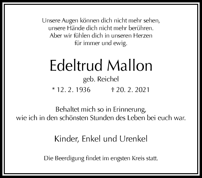 Traueranzeige für Edeltrud Mallon vom 27.02.2021 aus trauer.wuppertaler-rundschau.de