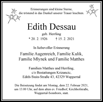 Traueranzeige von Edith Dessau von trauer.wuppertaler-rundschau.de