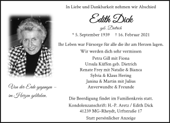 Traueranzeige von Edith Dick von trauer.extra-tipp-moenchengladbach.de
