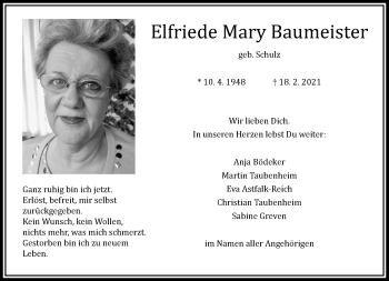 Traueranzeige von Elfriede Mary Baumeister von trauer.wuppertaler-rundschau.de