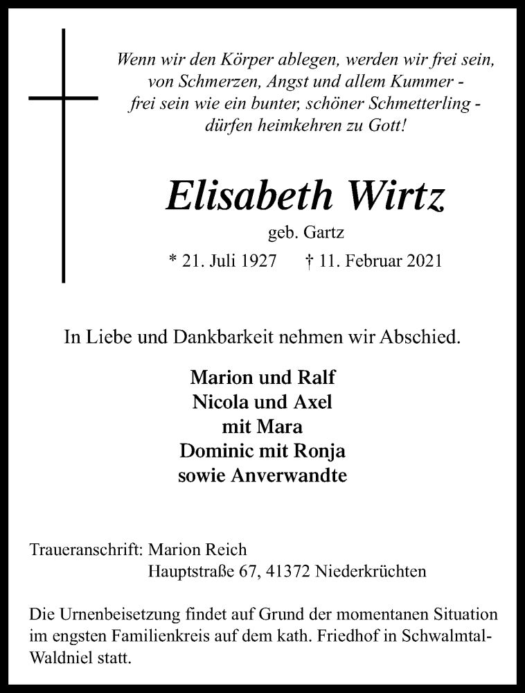  Traueranzeige für Elisabeth Wirtz vom 21.02.2021 aus trauer.extra-tipp-moenchengladbach.de
