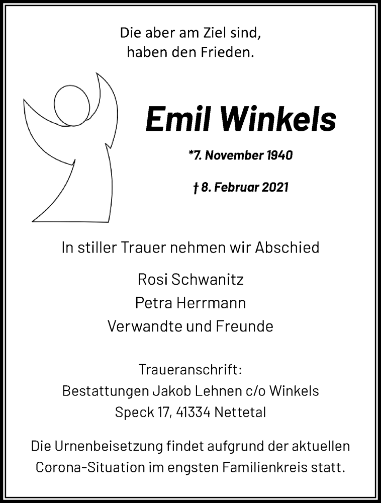  Traueranzeige für Emil Winkels vom 14.02.2021 aus trauer.extra-tipp-moenchengladbach.de