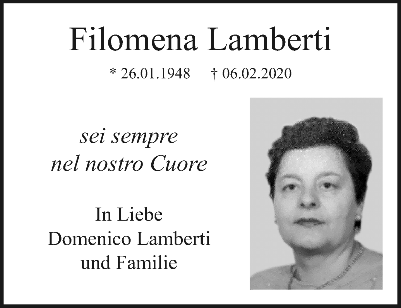  Traueranzeige für Filomena Lamberti vom 07.02.2021 aus trauer.mein.krefeld.de