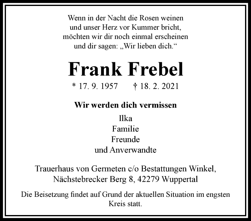  Traueranzeige für Frank Frebel vom 27.02.2021 aus trauer.wuppertaler-rundschau.de