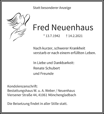 Traueranzeige von Fred Neuenhaus von trauer.extra-tipp-moenchengladbach.de