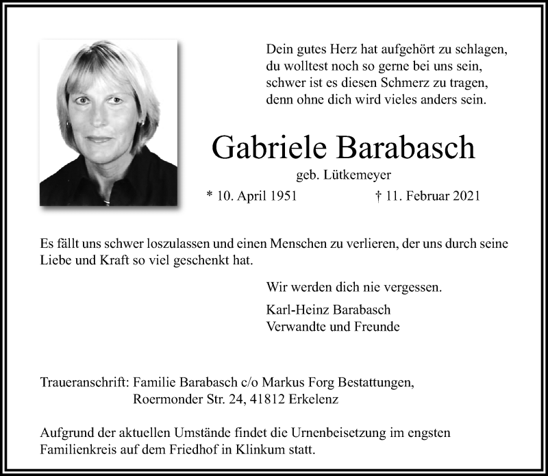  Traueranzeige für Gabriele Barabasch vom 21.02.2021 aus trauer.extra-tipp-moenchengladbach.de