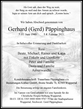 Traueranzeige von Gerhard Päppinghaus von trauer.wuppertaler-rundschau.de