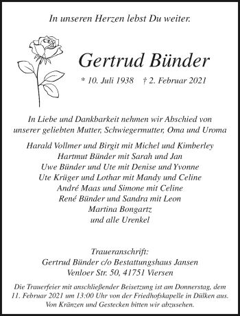 Traueranzeige von Gertrud Bünder von trauer.extra-tipp-moenchengladbach.de