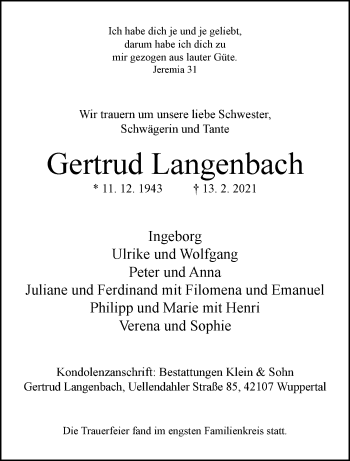 Traueranzeige von Gertrud Langenbach von trauer.wuppertaler-rundschau.de