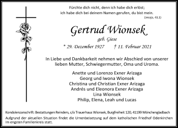 Traueranzeige von Gertrud Wionsek von trauer.extra-tipp-moenchengladbach.de