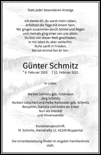 Traueranzeige von Günter Schmitz von trauer.wuppertaler-rundschau.de
