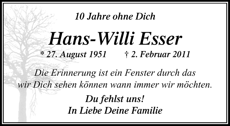  Traueranzeige für Hans-Willi Esser vom 07.02.2021 aus trauer.extra-tipp-moenchengladbach.de