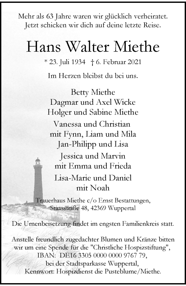  Traueranzeige für Hans Walter Miethe vom 13.02.2021 aus trauer.wuppertaler-rundschau.de