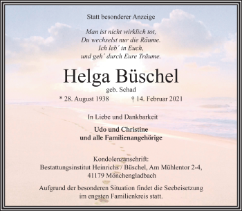 Traueranzeige von Helga Büschel von trauer.extra-tipp-moenchengladbach.de