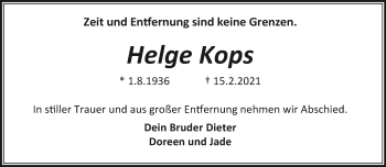 Traueranzeige von Helge Kops von trauer.extra-tipp-moenchengladbach.de