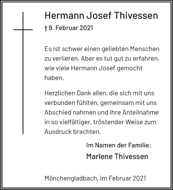 Traueranzeige von Hermann Josef Thivessen von trauer.extra-tipp-moenchengladbach.de