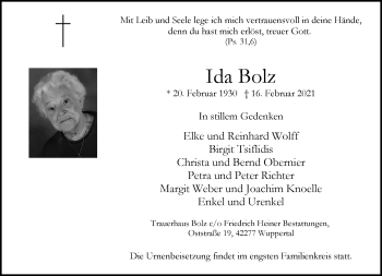 Traueranzeige von Ida Bolz von trauer.wuppertaler-rundschau.de