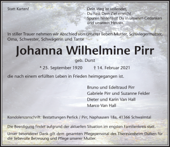 Traueranzeige von Johanna Wilhelmine Pirr von trauer.extra-tipp-moenchengladbach.de
