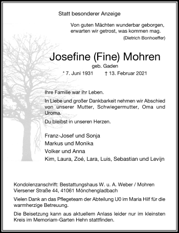 Traueranzeige von Josefine Mohren von trauer.extra-tipp-moenchengladbach.de