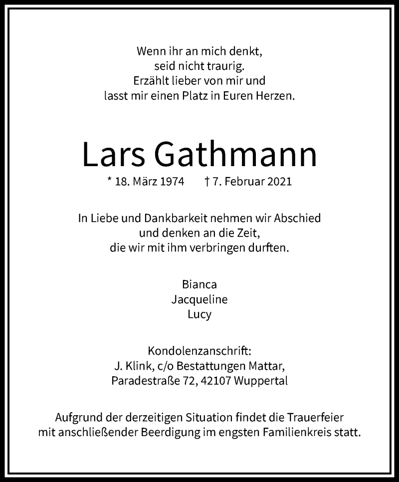  Traueranzeige für Lars Gathmann vom 20.02.2021 aus trauer.wuppertaler-rundschau.de