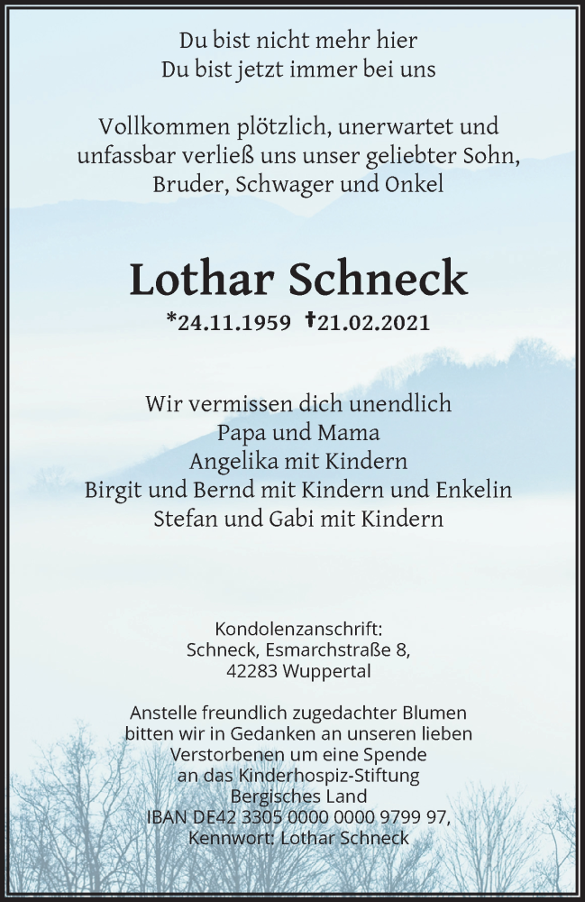  Traueranzeige für Lothar Schneck vom 27.02.2021 aus trauer.wuppertaler-rundschau.de